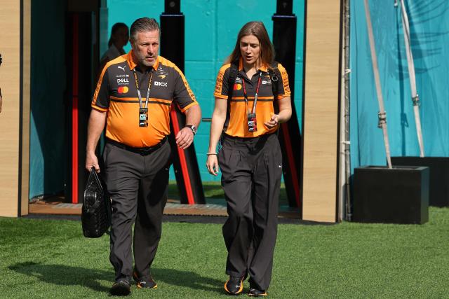 McLaren's CEO Zak Brown (L) arrives for the 2026 Miami Formula One Sprint at Miami International Autodrome in Miami Gardens, Florida, on May 2, 2026. (Photo by CHARLY TRIBALLEAU / AFP)