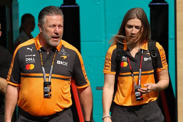McLaren's CEO Zak Brown (L) arrives for the 2026 Miami Formula One Sprint at Miami International Autodrome in Miami Gardens, Florida, on May 2, 2026. (Photo by CHARLY TRIBALLEAU / AFP)