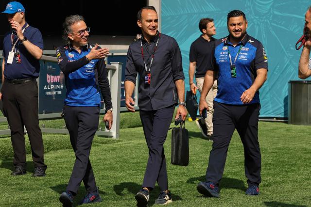 Red Bull Racing's British team principal Laurent Mekies (2L) arrives for the 2026 Miami Formula One Sprint at Miami International Autodrome in Miami Gardens, Florida, on May 2, 2026. (Photo by CHARLY TRIBALLEAU / AFP)