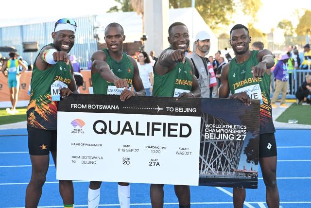 (From L to R) Zimbabwe’s Gerren Muwishi, Thandazani Ndhlovu, Zuze Leeford and Dennis Hove celebrate qualifying for the World Athletics Championships after competing in the men’s 4x400m relay qualifying round 1 during the Gaborone 26 World Athletics Relays at the National Stadium in Gaborone on May 2, 2026. (Photo by AFP)