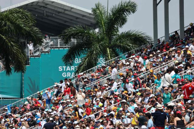 Spectators attend the 2026 Miami Formula One Sprint at Miami International Autodrome in Miami Gardens, Florida, on May 2, 2026. (Photo by CHARLY TRIBALLEAU / AFP)