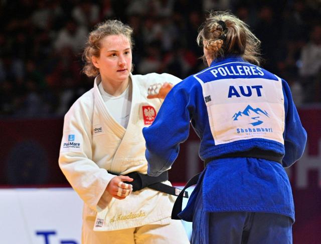 Poland's Aleksandra Kowalevska (L) and Austria'a Michaela Polleres fight during their women's -70kg judo final at the Dushanbe Grand Slam judo tournament in Dushanbe on May 2, 2026. (Photo by AFP)