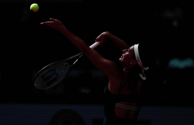 Ukraine's Marta Kostyuk serves to Russia's Mirra Andreeva during the 2026 WTA Tour Madrid Open tennis tournament final singles match at the Caja Magica in Madrid, on May 2, 2026. (Photo by Thomas COEX / AFP)