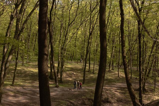 People walk through a park on a sunny day in Kyiv, on May 2, 2026, amid the Russian invasion of Ukraine. (Photo by Roman PILIPEY / AFP)