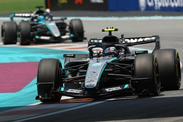 Mercedes' Italian driver Kimi Antonelli (R) and Mercedes' British driver George Russell (L) race during the 2026 Miami Formula One Sprint at Miami International Autodrome in Miami Gardens, Florida, on May 2, 2026. (Photo by CHARLY TRIBALLEAU / AFP)