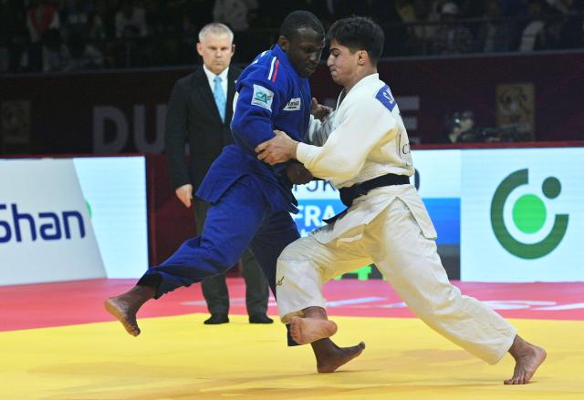Tajikistan's Suatullo Musoev (R) and France's Alpha Oumar Djalo fight during their men's -81kg category bronze medal match at the Dushanbe Grand Slam judo tournament in Dushanbe on May 2, 2026. (Photo by AFP)