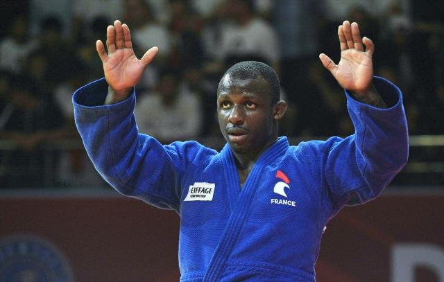 France's Alpha Oumar Djalo celebrates winning the  men's -81kg category bronze medal match at the Dushanbe Grand Slam judo tournament in Dushanbe on May 2, 2026. (Photo by AFP)