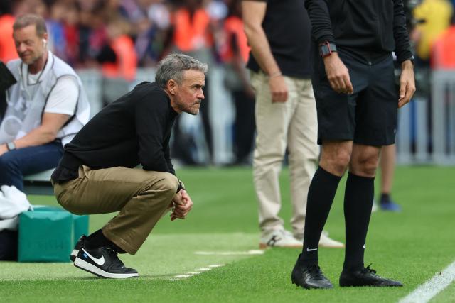 Paris Saint-Germain's Spanish head coach Luis Enrique reacts during the French L1 football match between Paris Saint-Germain (PSG) and FC Lorient at Parc des Princes stadium in Paris on May 2, 2026. (Photo by FRANCK FIFE / AFP)