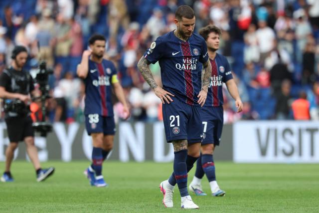Paris Saint-Germain's French defender #21 Lucas Hernandez reacts at the end of the French L1 football match between Paris Saint-Germain (PSG) and FC Lorient at Parc des Princes stadium in Paris on May 2, 2026. (Photo by FRANCK FIFE / AFP)