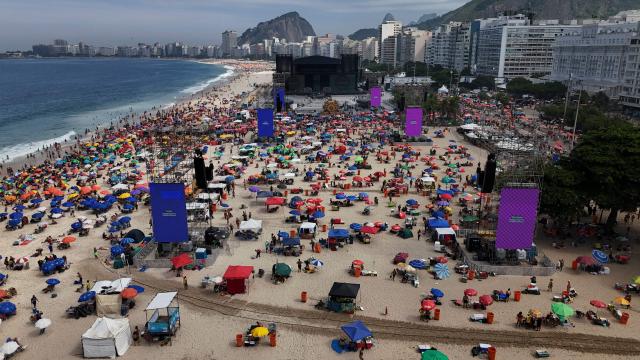 Aerial view showing the stage for the concert of Colombian singer Shakira at Copacabana Beach in Rio de Janeiro, Brazil on May 02, 2026. (Photo by Pablo PORCIUNCULA / AFP)