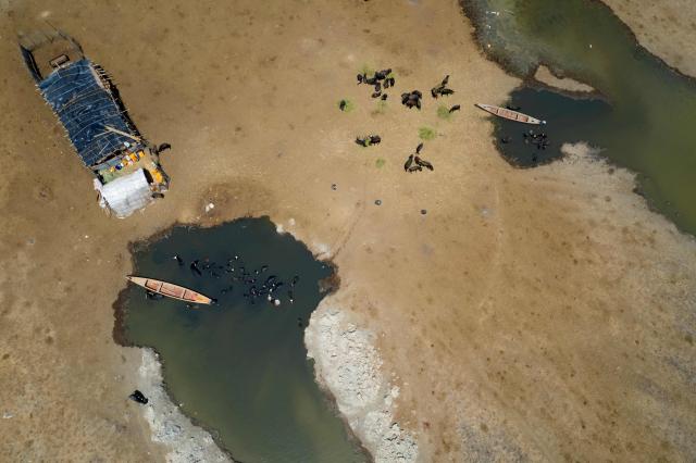 An aerial photograph shows settlements along the edge of the al-Chibayish Marches following recent rains, near the town of Al-Chibayish close to the Euphrates River in Dhi Qar governorate, southern Iraq on May 2, 2026. The Al-Chibayish Marshes are part of the larger Mesopotamian Marshes system between the Tigris and Euphrates rivers, and the largest wetlands in Southwest Asia. They are important wetlands for migratory birds, endemic birds, fish, and buffalo breeding and also home to the March Arabs. (Photo by Assad NIYAZI / AFP)