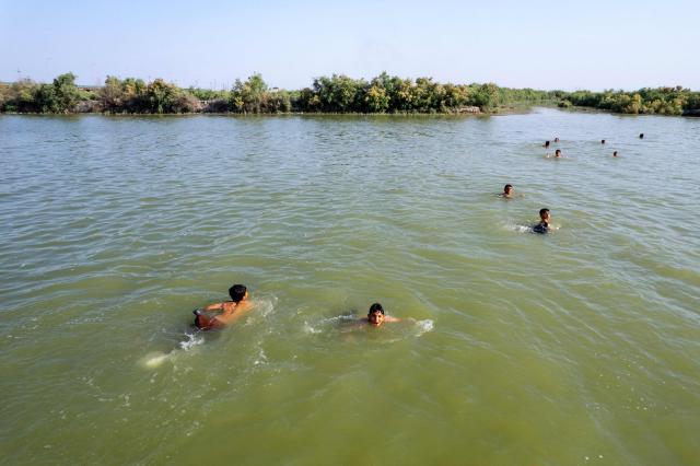 Iraqi boys swim in the al-Chibayish Marches following recent rains, near the town of Al-Chibayish close to the Euphrates River in Dhi Qar governorate, southern Iraq on May 2, 2026. The Al-Chibayish Marshes are part of the larger Mesopotamian Marshes system between the Tigris and Euphrates rivers, and the largest wetlands in Southwest Asia. They are important wetlands for migratory birds, endemic birds, fish, and buffalo breeding and also home to the March Arabs. (Photo by Assad NIYAZI / AFP)