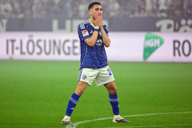 Schalke's Algerian midfielder #24 Adil Aouchiche reacts during the German second division Bundesliga football match between FC Schalke 04 and Fortuna Duesseldorf at the Veltins Arena in Gelsenkirchen, western Germany on May 2, 2026. Schalke are pushing to return to the first division next season with a win against Fortuna Duesseldorf on May 2, 2026. (Photo by INA FASSBENDER / AFP) / DFL REGULATIONS PROHIBIT ANY USE OF PHOTOGRAPHS AS IMAGE SEQUENCES AND/OR QUASI-VIDEO