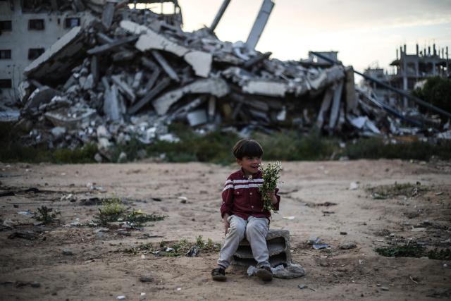 A Palestinian boy sitting on a breeze block in front of destroyed buildings, holds a bunch of spring flowers in the Bureij Palestinian refugee camp in the central Gaza Strip on May 2, 2026. The war on the Gaza Strip was sparked following the militant Palestinian group Hamas's October 7, 2023 attack on Israel, which resulted in the deaths of 1,221 people. Israel's retaliatory assault on Gaza has killed at least 72,600 people, according to figures from the health ministry that the UN considers reliable, with the majority of Gaza's 2.4 million people being displaced. (Photo by Eyad Baba / AFP)