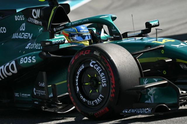 Aston Martin's Spanish driver Fernando Alonso races during the qualifying session for the 2026 Miami Formula One Grand Prix at Miami International Autodrome in Miami Gardens, Florida, on May 2, 2026. (Photo by CHANDAN KHANNA / AFP)