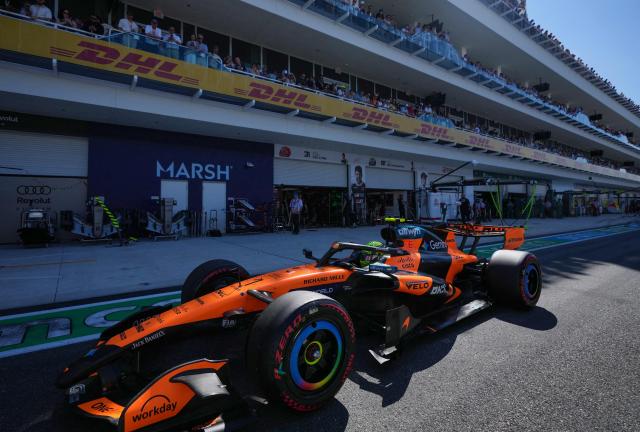 McLaren's British driver Lando Norris leaves the pits to race in the qualifying session for the 2026 Miami Formula One Grand Prix at Miami International Autodrome in Miami Gardens, Florida, on May 2, 2026. (Photo by Rebecca Blackwell / POOL / AFP)