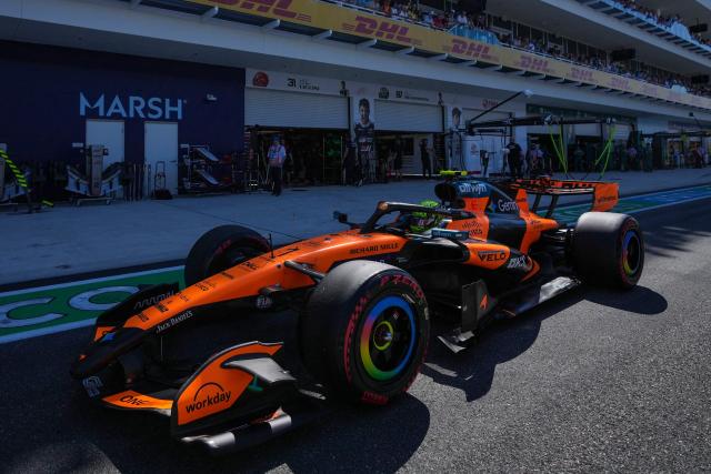 McLaren's British driver Lando Norris leaves the pits to race in the qualifying session for the 2026 Miami Formula One Grand Prix at Miami International Autodrome in Miami Gardens, Florida, on May 2, 2026. (Photo by Rebecca Blackwell / POOL / AFP)