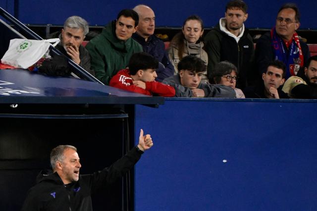 Barcelona's German coach Hans-Dieter Flick gestures during the Spanish league football match between CA Osasuna and FC Barcelona at El Sadar Stadium in Pamplona on May 2, 2026. (Photo by ANDER GILLENEA / AFP)