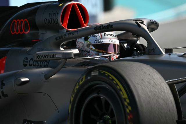 Audi's German driver Nico Hulkenberg races during the qualifying session for the 2026 Miami Formula One Grand Prix at Miami International Autodrome in Miami Gardens, Florida, on May 2, 2026. (Photo by CHANDAN KHANNA / AFP)