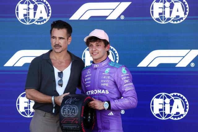 (L/R) Irish actor Colin Farrell stands with pole position winner Mercedes' Italian driver Kimi Antonelli after the qualifying session for the 2026 Miami Formula One Grand Prix at Miami International Autodrome in Miami Gardens, Florida, on May 2, 2026. (Photo by CHARLY TRIBALLEAU / AFP)
