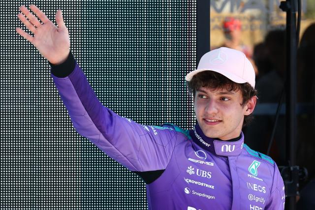 Mercedes' Italian driver Kimi Antonelli waves after winning the pole position during the qualifying session for the 2026 Miami Formula One Grand Prix at Miami International Autodrome in Miami Gardens, Florida, on May 2, 2026. (Photo by CHARLY TRIBALLEAU / AFP)