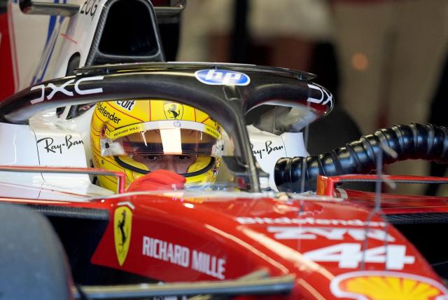 Ferrari's British driver Lewis Hamilton waits in the garage to race during the qualifying session for the 2026 Miami Formula One Grand Prix at Miami International Autodrome in Miami Gardens, Florida, on May 2, 2026. (Photo by Rebecca Blackwell / POOL / AFP)