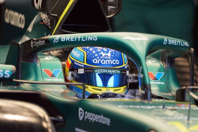 Aston Martin's Spanish driver Fernando Alonso waits in the garage to race during the qualifying session for the 2026 Miami Formula One Grand Prix at Miami International Autodrome in Miami Gardens, Florida, on May 2, 2026. (Photo by Rebecca Blackwell / POOL / AFP)