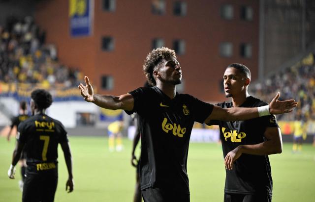 Union Saint-Giloise's Ecouadorian forward #13 Kevin Rodriguez celebrates after scoring a goal during their Belgian "Pro League" Champions' play-off between Sint-Truiden VV and Royale Union Saint-Gilloise in Sint-Truiden on May 2, 2026. (Photo by JOHN THYS / Belga / AFP) / Belgium OUT