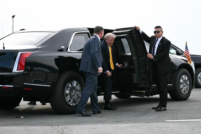 US President Donald Trump arrives at Palm Beach International Airport in West Palm Beach, Florida on May 2, 2026, before boarding Air Force One en route to Miami. (Photo by Jim WATSON / AFP)