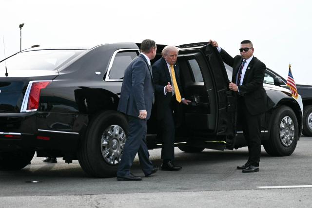 US President Donald Trump arrives at Palm Beach International Airport in West Palm Beach, Florida on May 2, 2026, before boarding Air Force One en route to Miami. (Photo by Jim WATSON / AFP)