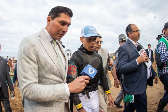 Puerto Rican jockey Jose Ortiz speaks to reporters after winnning the 152nd running of the Kentucky Derby riding Golden Tempo, at Churchill Downs in Louisville, Kentucky, on May 2, 2026. (Photo by Leandro Lozada / AFP)