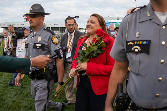 US horse trainer Cherie DeVaux smiles while speaking to reporters after Puerto Rican jockey riding Golden Tempo won the 152nd running of the Kentucky Derby at Churchill Downs in Louisville, Kentucky, on May 2, 2026. DeVaux is the first female trainer in history to win the Kentucky Derby. (Photo by Leandro Lozada / AFP)