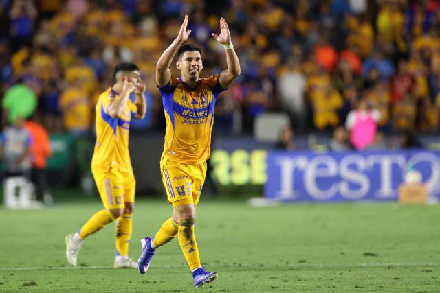 Tigres' defender #27 Jesus Angulo celebrates scoring his team's first goal during the Mexican League Clausura Tournament quarterfinal first leg football match between Tigres and Guadalajara at the Universitario stadium in Monterrey, Nuevo Leon state, Mexico on May 2, 2026. (Photo by Julio Cesar AGUILAR / AFP)