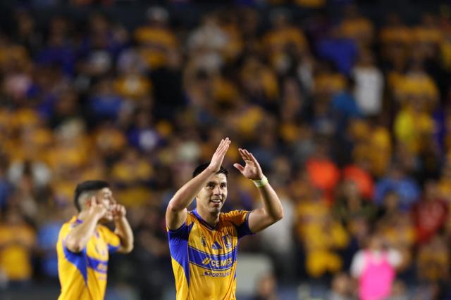 Tigres' defender #27 Jesus Angulo celebrates scoring his team's first goal during the Mexican League Clausura Tournament quarterfinal first leg football match between Tigres and Guadalajara at the Universitario stadium in Monterrey, Nuevo Leon state, Mexico on May 2, 2026. (Photo by Julio Cesar AGUILAR / AFP)