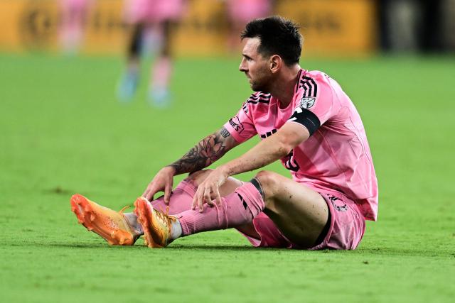 Inter Miami's Argentine forward #10 Lionel Messi sits on the ground during a Major League Soccer (MLS) regular season football match between Inter Miami CF and Orlando City SC at NU Stadium in Miami, on May 2, 2026. (Photo by Giorgio Viera / AFP)
