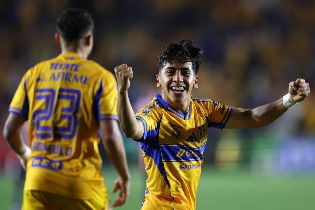 Tigres' forward #30 Diego Sanchez celebrates scoring his team's third goal during the Mexican League Clausura Tournament quarterfinal first leg football match between Tigres and Guadalajara at the Universitario stadium in Monterrey, Nuevo Leon state, Mexico on May 2, 2026. (Photo by Julio Cesar AGUILAR / AFP)