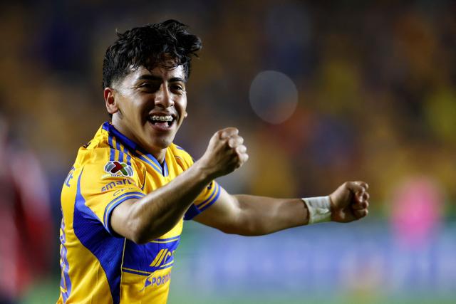 Tigres' forward #30 Diego Sanchez celebrates scoring his team's third goal during the Mexican League Clausura Tournament quarterfinal first leg football match between Tigres and Guadalajara at the Universitario stadium in Monterrey, Nuevo Leon state, Mexico on May 2, 2026. (Photo by Julio Cesar AGUILAR / AFP)