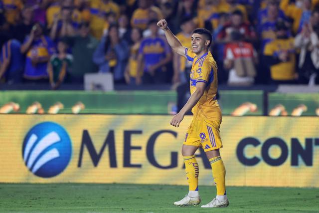 Tigres' Argentine midfielder #11 Juan Brunetta celebrates scoring his team's second goal during the Mexican League Clausura Tournament quarterfinal first leg football match between Tigres and Guadalajara at the Universitario stadium in Monterrey, Nuevo Leon state, Mexico on May 2, 2026. (Photo by Julio Cesar AGUILAR / AFP)