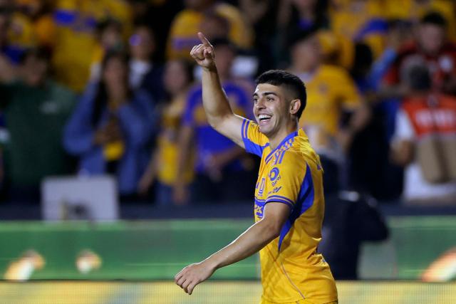 Tigres' Argentine midfielder #11 Juan Brunetta celebrates scoring his team's second goal during the Mexican League Clausura Tournament quarterfinal first leg football match between Tigres and Guadalajara at the Universitario stadium in Monterrey, Nuevo Leon state, Mexico on May 2, 2026. (Photo by Julio Cesar AGUILAR / AFP)