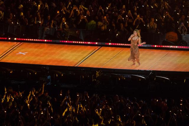 Colombian singer Shakira performs during a free concert at Copacabana beach in Rio de Janeiro, Brazil on May 2, 2026. (Photo by Daniel RAMALHO / AFP)