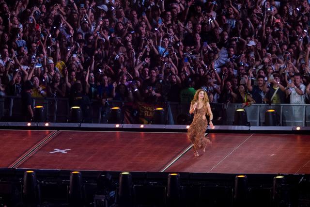Colombian singer Shakira performs during a free concert at Copacabana beach in Rio de Janeiro, Brazil on May 2, 2026. (Photo by Daniel RAMALHO / AFP)