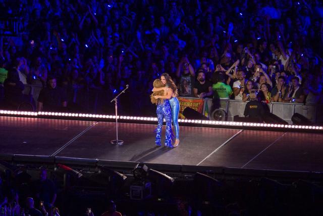 Colombian singer Shakira (L) hugs Brazilian singer Ivete Sangalo during her free concert at Copacabana Beach in Rio de Janeiro, Brazil, on May 2, 2026. (Photo by Daniel RAMALHO / AFP)
