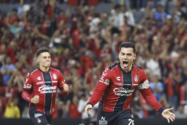 Atlas' midfielder #26 Aldo Rocha celebrates scoring his team's first goal during the Mexican League Clausura Tournament quarterfinal first leg football match between Atlas and Cruz Azul at the Jalisco stadium in Guadalajara, Jalisco state, Mexico on May 2, 2026. (Photo by Ulises RUIZ / AFP)