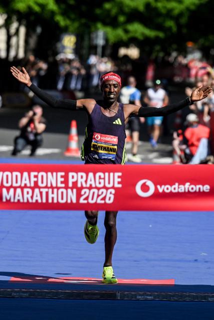 Ethiopia's Berehanu Tsegu crosses the finish line during the Prague marathon on May 3, 2026 in Prague, Czech Republic. (Photo by Michal Cizek / AFP)