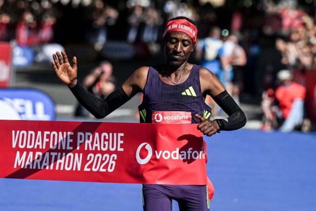 Ethiopia's Berehanu Tsegu crosses the finish line during the Prague marathon on May 3, 2026 in Prague, Czech Republic. (Photo by Michal Cizek / AFP)