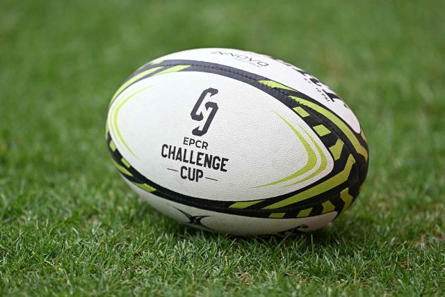 A ball with the copmetition logo sits on the pitch prior to the European Challenge Cup rugby union semi-final match between Montpellier Herault Rugby and Dragons RFC at the Septeo Stadium in Montpellier, southern France, on May 3, 2026. (Photo by Gabriel BOUYS / AFP)