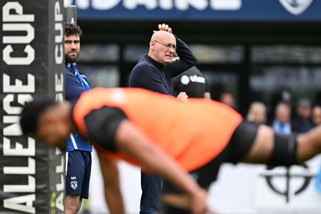 Montpellier's French sporting director Bernard Laporte looks on prior to the European Challenge Cup rugby union semi-final match between Montpellier Herault Rugby and Dragons RFC at the Septeo Stadium in Montpellier, southern France, on May 3, 2026. (Photo by Gabriel BOUYS / AFP)