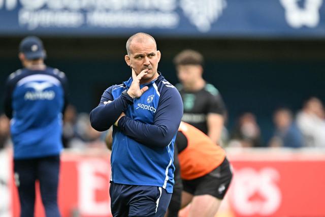 Montpellier's French head coach Joan Caudullo looks on during warm up prior to the  European Challenge Cup rugby union semi-final match between Montpellier Herault Rugby and Dragons RFC at the Septeo Stadium in Montpellier, southern France, on May 3, 2026. (Photo by Gabriel BOUYS / AFP)