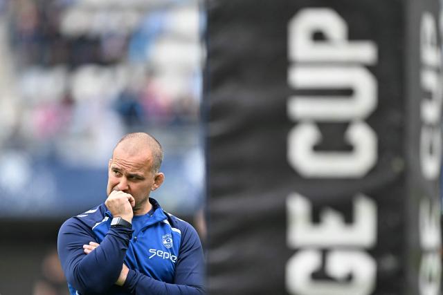 Montpellier's French head coach Joan Caudullo looks on during warm up prior to the  European Challenge Cup rugby union semi-final match between Montpellier Herault Rugby and Dragons RFC at the Septeo Stadium in Montpellier, southern France, on May 3, 2026. (Photo by Gabriel BOUYS / AFP)