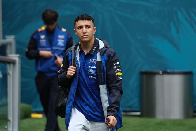 Red Bull Racing's French driver Isack Hadjar arrives ahead of the 2026 Miami Formula One Grand Prix at Miami International Autodrome in Miami Gardens, Florida, on May 3, 2026. (Photo by CHARLY TRIBALLEAU / AFP)